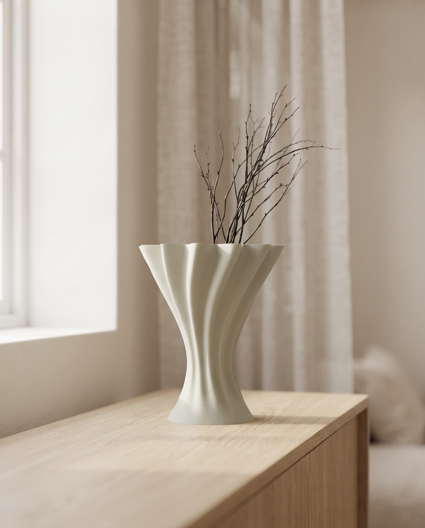 Dunari vase on a floating oak shelf beside design books