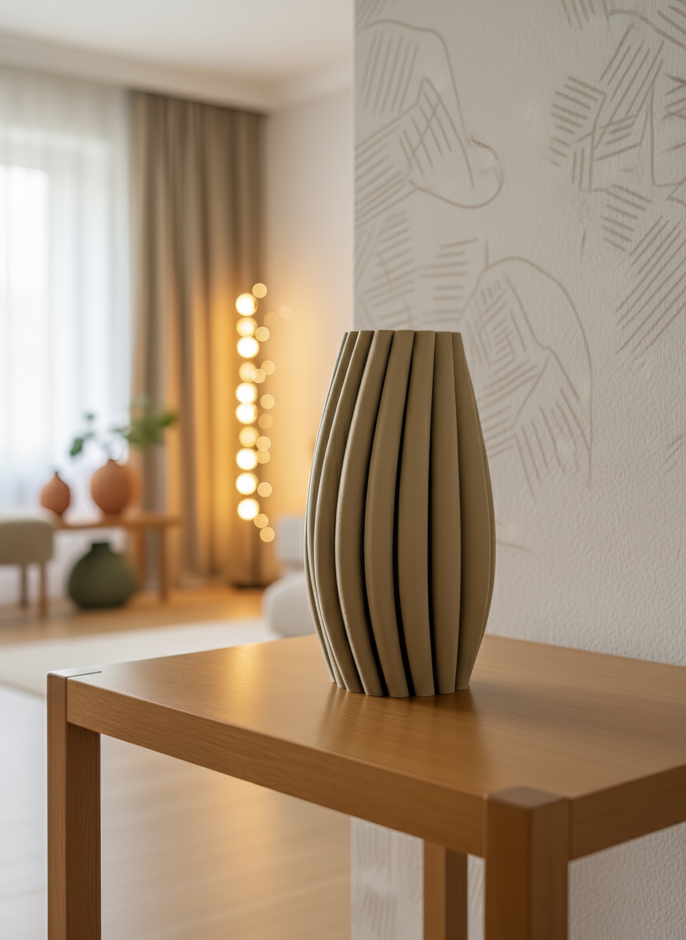 Soma vase on a timber console against patterned wallpaper